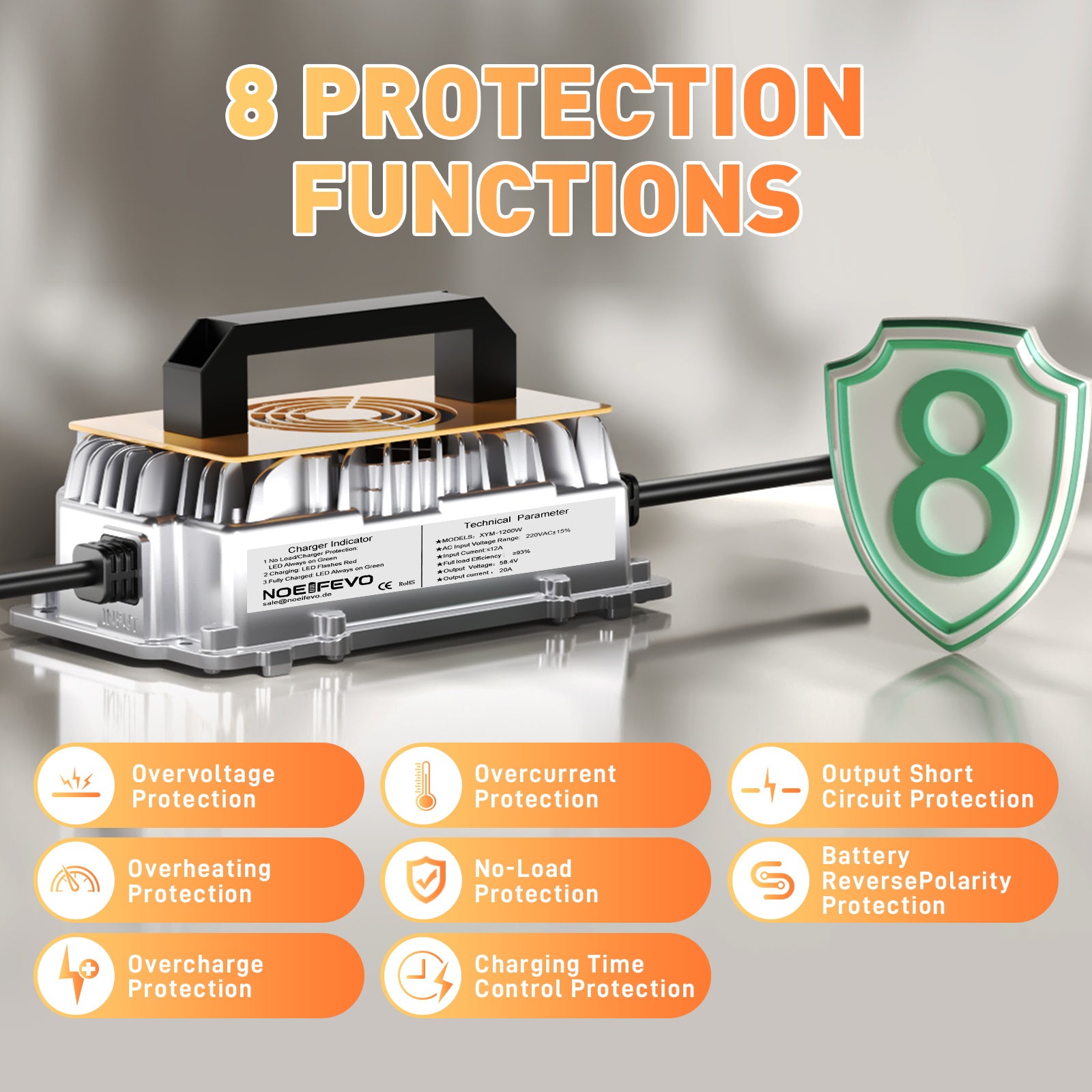 NOEIFEVO 58.4V 20A Lithium Lifepo4 akkulaturi 48V (51.2V)16S akulle, vedenpitävä, 0 V BMS aktivointi, automaattinen sammutus täydellä suojalla