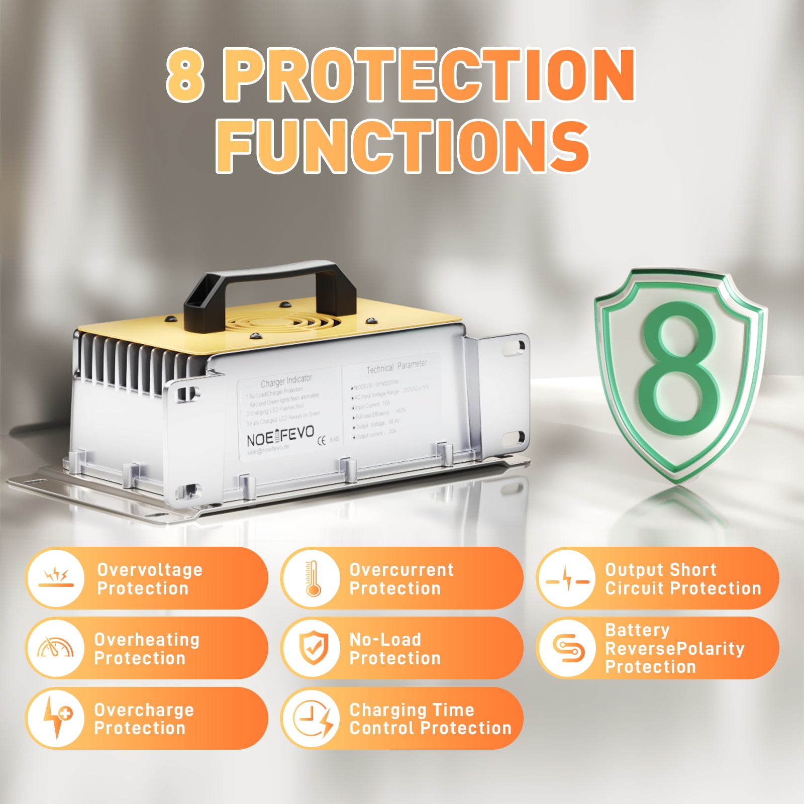 NOEIFEVO 58.4V 30A LiFePO4 acculader voor 51.2V(48V) 16S LiFePO4 accu, waterdicht, 0V BMS ingeschakeld