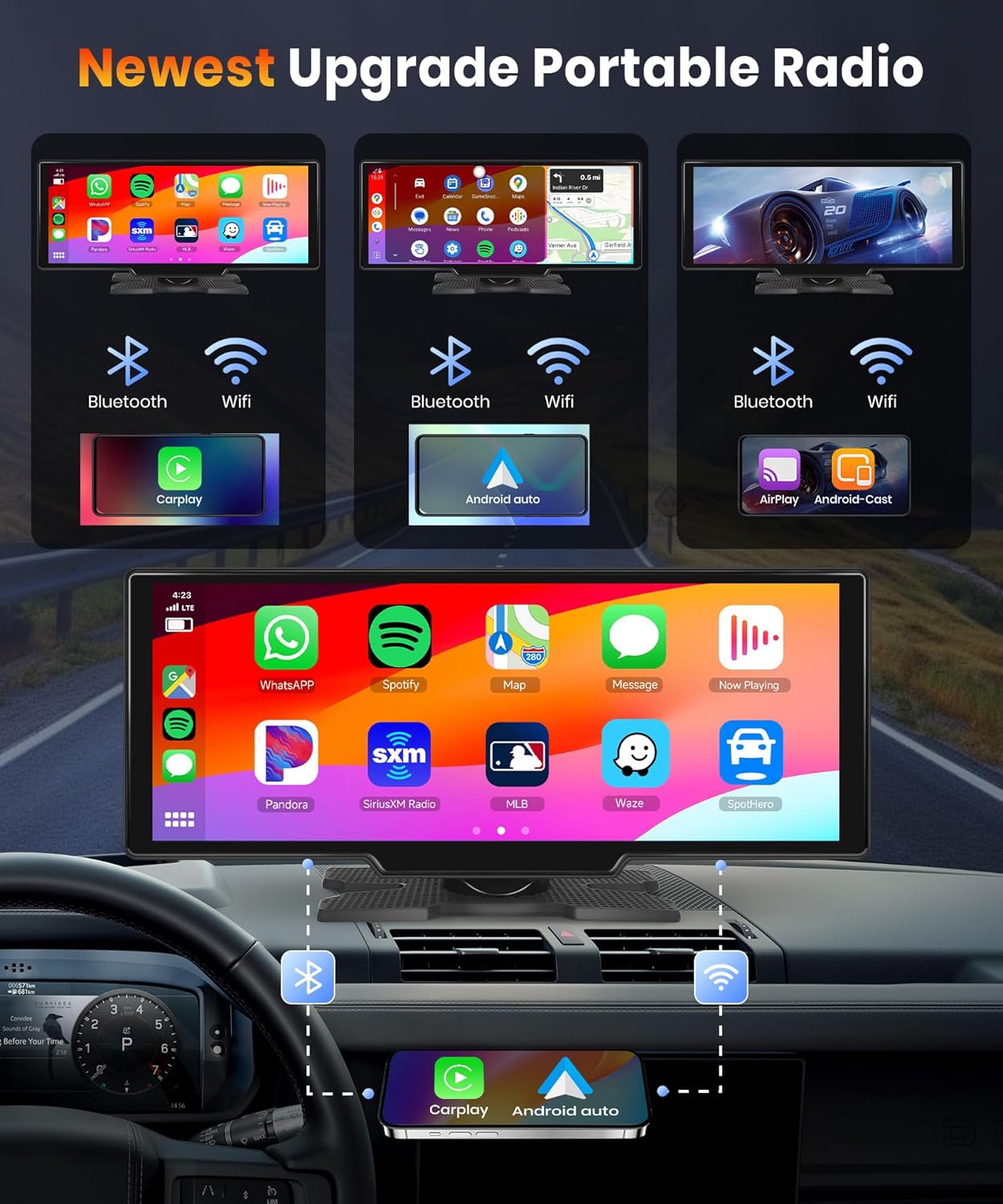 NOEIFEVO 10,26 palcový Carplay displej pro automobily s bezdrátovým Carplay, Android Auto, MirrorLink, 1080P IPS dotykový displej, přenosné rádio, podporuje Bluetooth/hands-free hlasové ovládání/GPS/Siri/FM přenos/Aux/TF kartu.