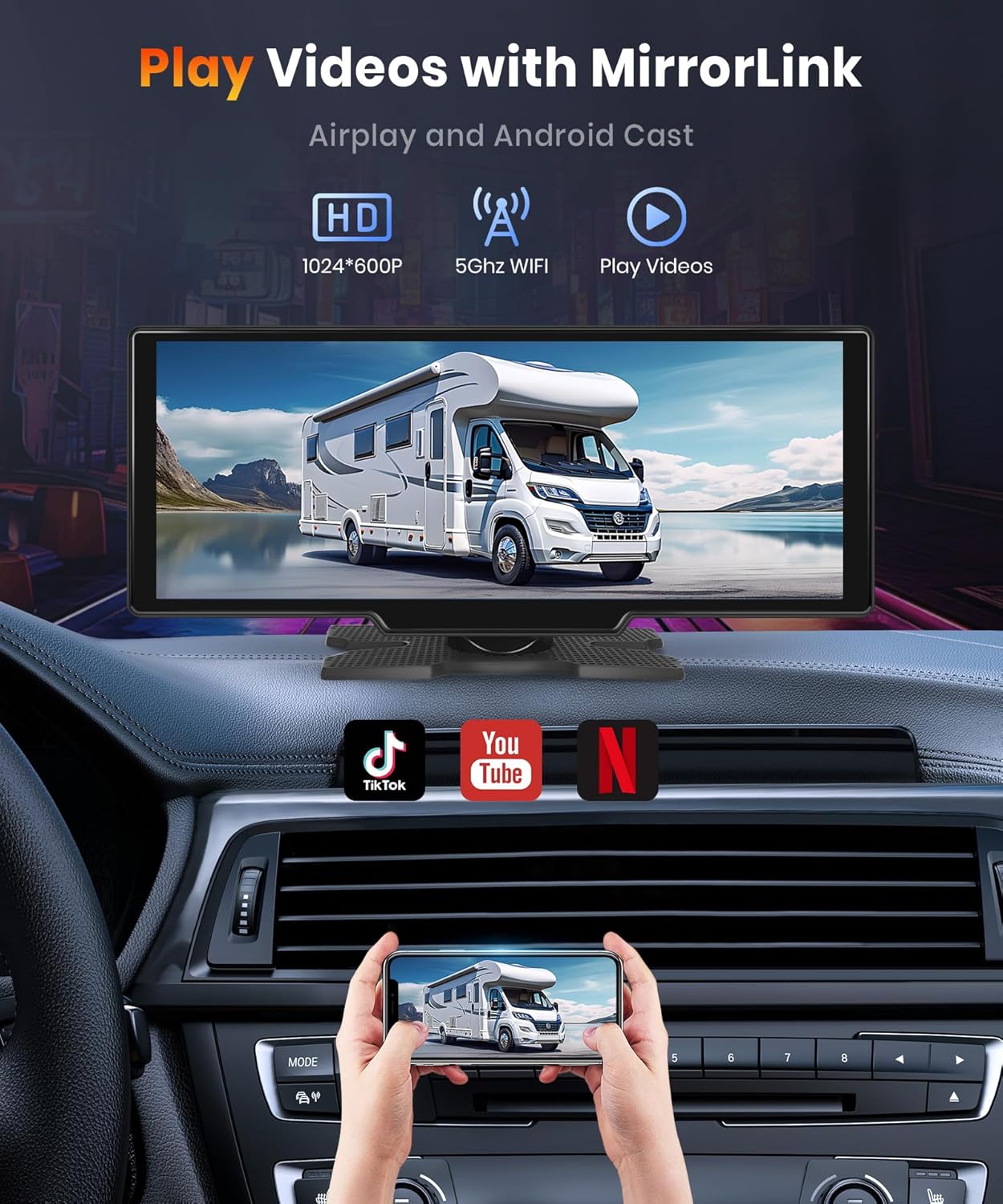 NOEIFEVO Pantalla Carplay de 10,26 pulgadas para autos con Carplay inalámbrico, Android Auto, MirrorLink, pantalla táctil IPS de 1080P, radio portátil, soporta Bluetooth/control de voz manos libres/GPS/Siri/transmisión FM/Aux/Tarjeta TF.