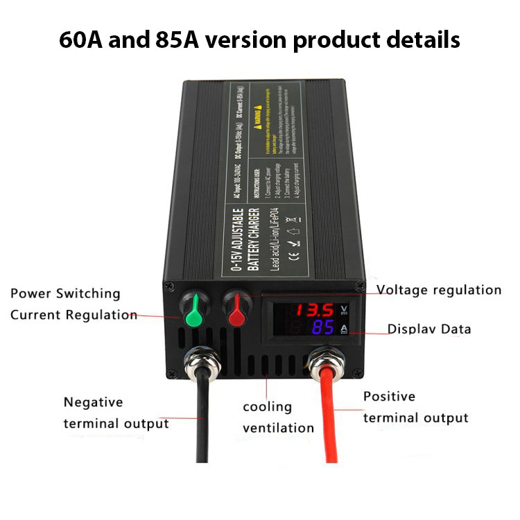 Carregador de Bateria NOEIFEVO com Faixa de Tensão e Corrente Ajustável de 0-15V 1-60A/85A, Compatível com Baterias de 3.7V, 6V, 12V de Lítio, LiFePO4 e Chumbo-Ácido