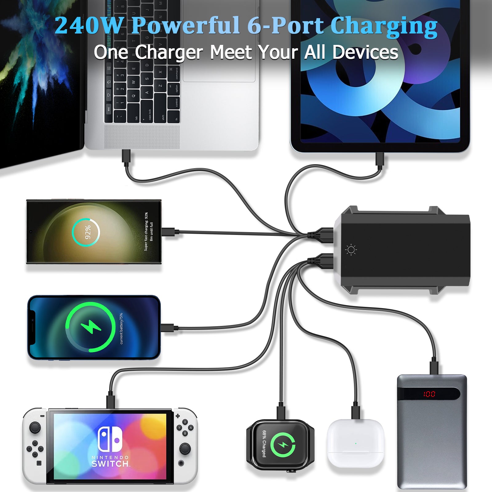 NOEIFEVO 240W USB-ladestasjon med 6 porter, PD3.1 140W USB Type-C & PPS/PD USB Type-A lader – stasjonær hurtigladestasjon kompatibel med MacBook, bærbare PC-er, nettbrett, iPhone, Samsung-smarttelefoner