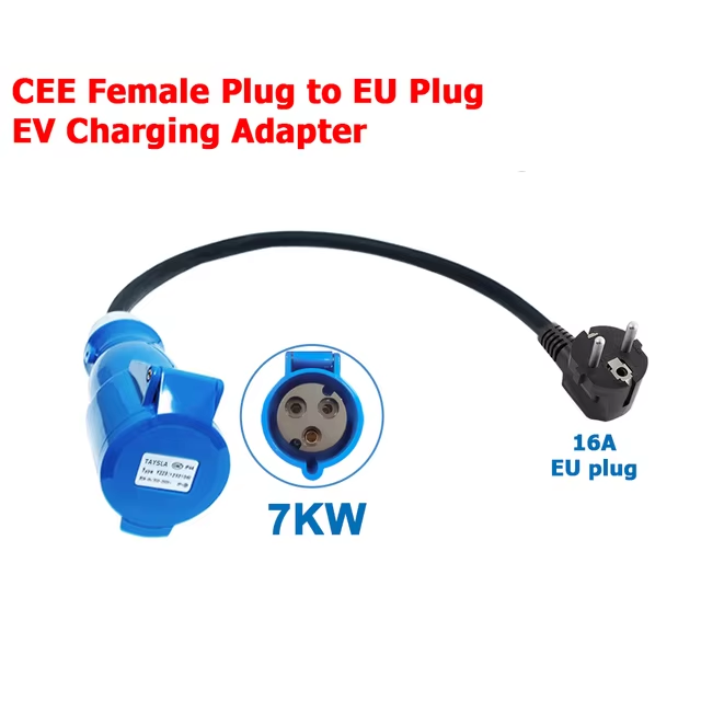 Adapter do ładowania EV, z gniazda przemysłowego CEE 32A niebieskiego na wtyczkę Schuko do użytku domowego, dla ładowarek EV o mocy 7kW 32A