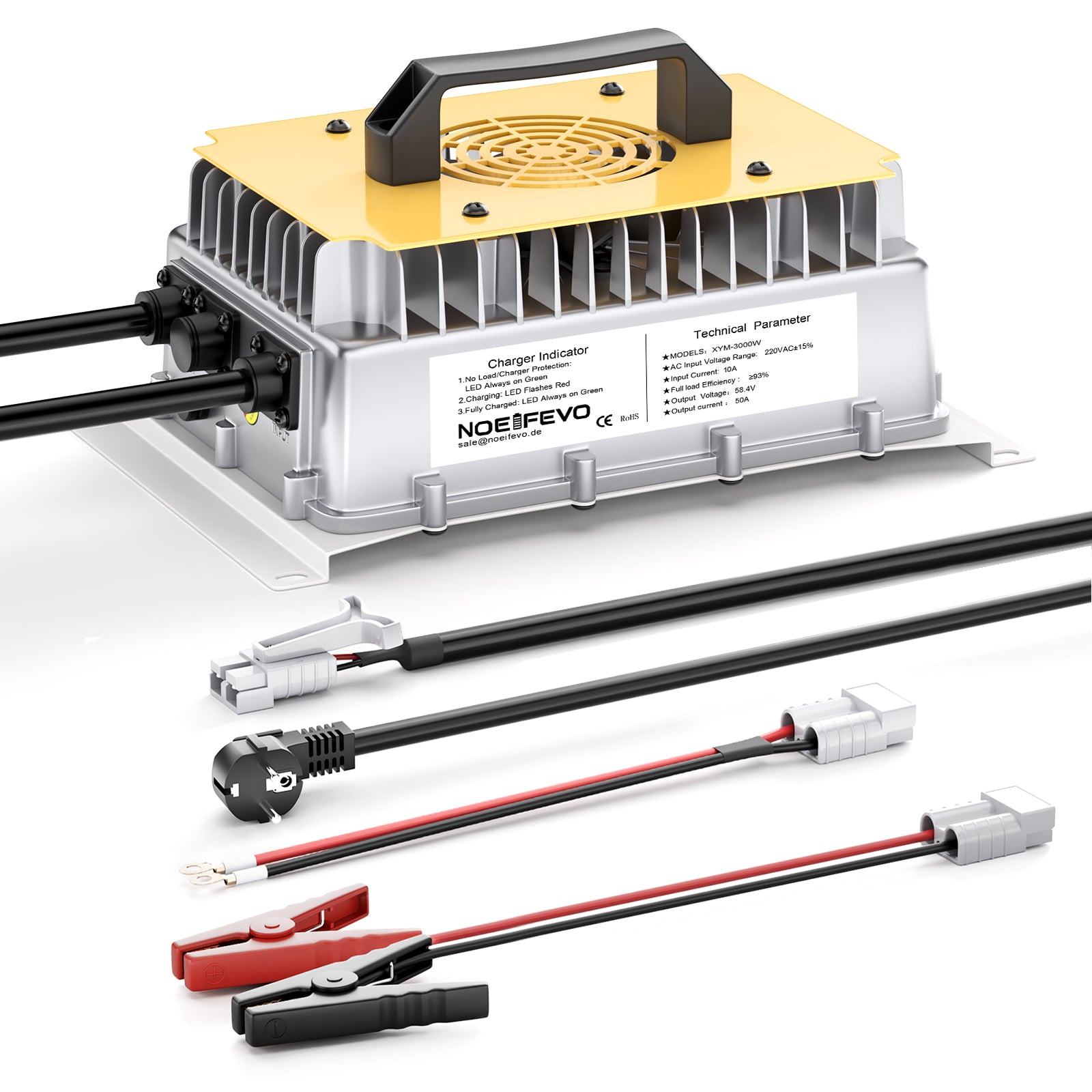 NOEIFEVO 58.4V 50A LiFePO4 carregador de bateria para 51.2V (48V) 16S LiFePO4 bateria, à prova d'água, 0V BMS ativado