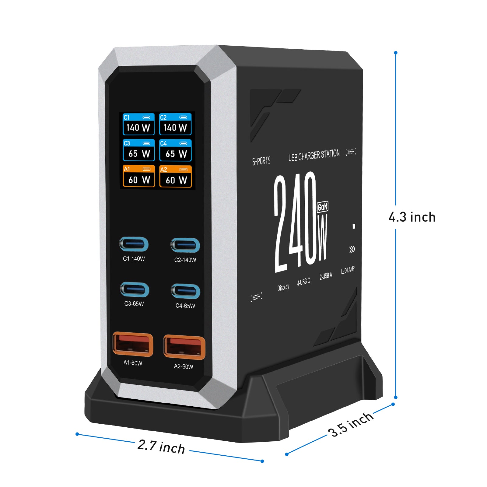 NOEIFEVO 240W USB-ladestasjon med 6 porter, PD3.1 140W USB Type-C & PPS/PD USB Type-A lader – stasjonær hurtigladestasjon kompatibel med MacBook, bærbare PC-er, nettbrett, iPhone, Samsung-smarttelefoner