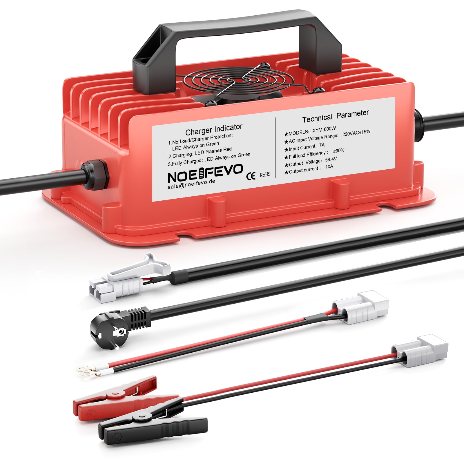 NOEIFEVO 58,4 V 10A Carregador de bateria de lítio LiFePO4 para bateria de 51,2 V (48 V) 16S, à prova de água, desligamento automático com proteção total
​