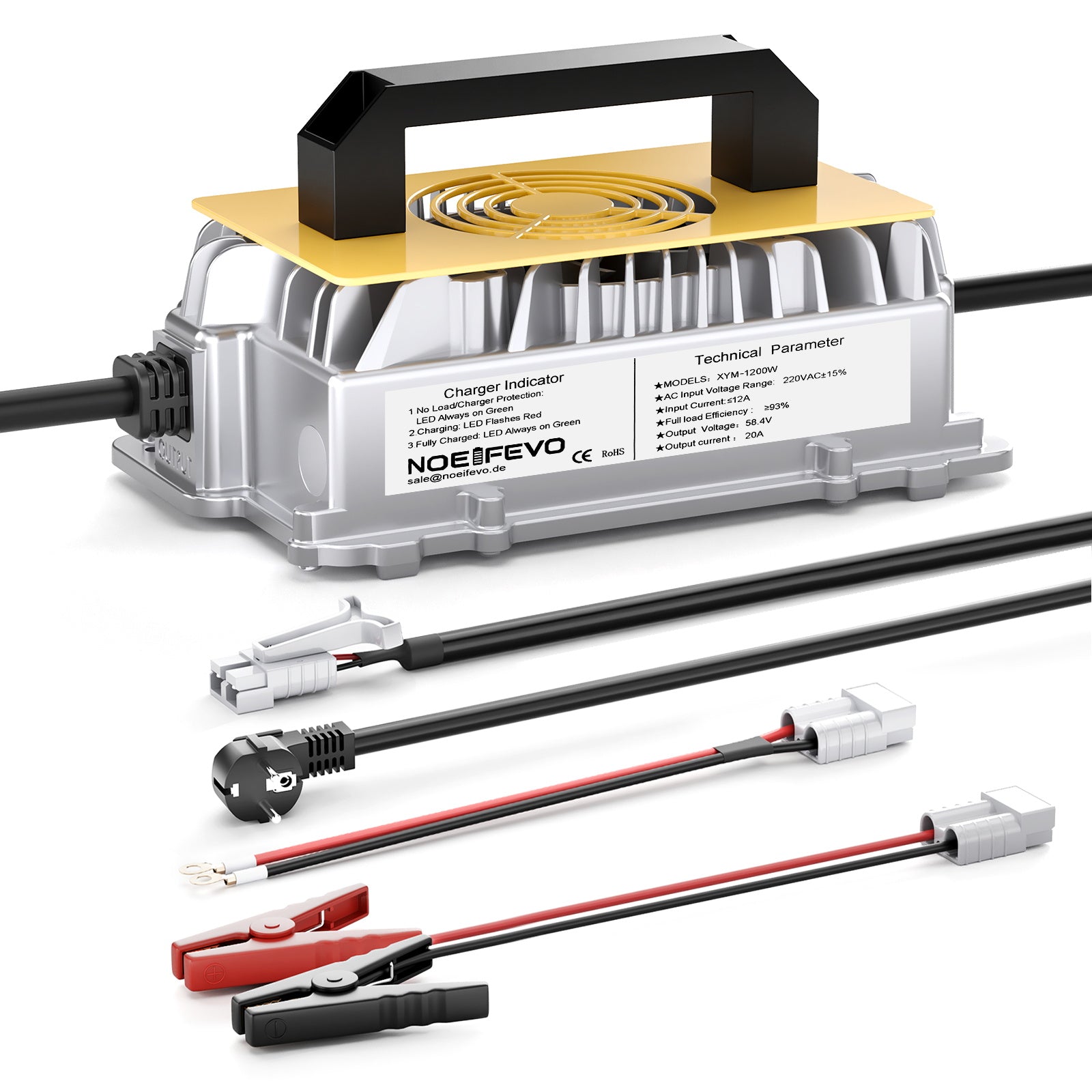 NOEIFEVO 58.4V 20A Lithium Lifepo4 akkulaturi 48V (51.2V)16S akulle, vedenpitävä, 0 V BMS aktivointi, automaattinen sammutus täydellä suojalla