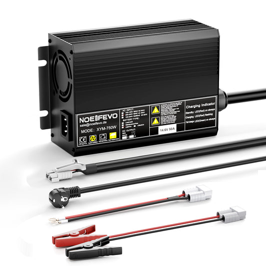 Noeifevo 14,6V 50A Hurtig Lithium LiFePO4-batterioplader til 12V(12,8V) LiFePO4-batteri, 0V BMS-aktivering, automatisk nedlukning med fuld beskyttelse
