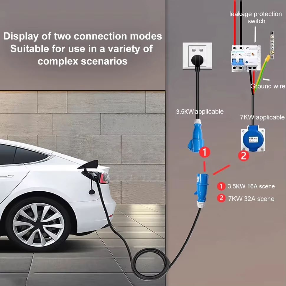 EV nabíjací adaptér, CEE 32A modrá zásuvka na Schuko domáci konektor, pre 7kW 32A EV nabíjače