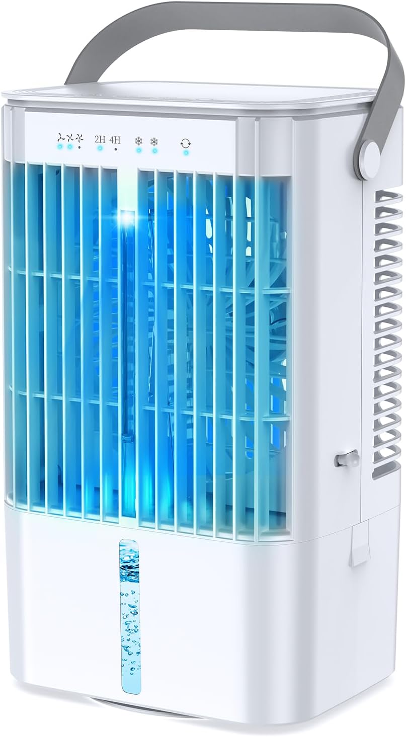 Ar-condicionado móvel 4 em 1, mini resfriador de ar econômico com grande reservatório de água (1200 ml), resfriamento por evaporação em 3 níveis, LED de 7 cores, timer e baixo nível de ruído para home office e quarto