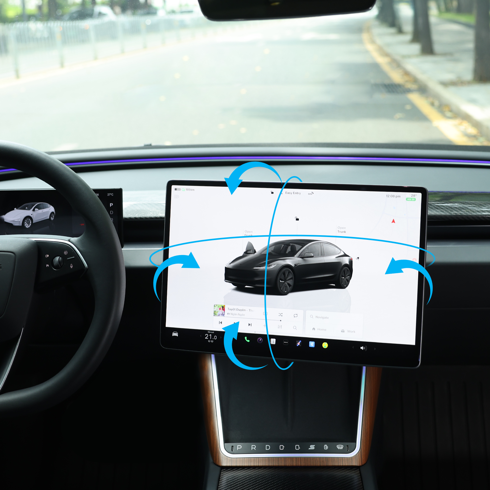 Tesla-näytön pidike 2.0 Model 3/Y:lle – 4-suuntainen kääntyvä (40°), alumiinia CNC, näytön korkeus pysyy muuttumattomana, ei heilumista, häikäisysuoja