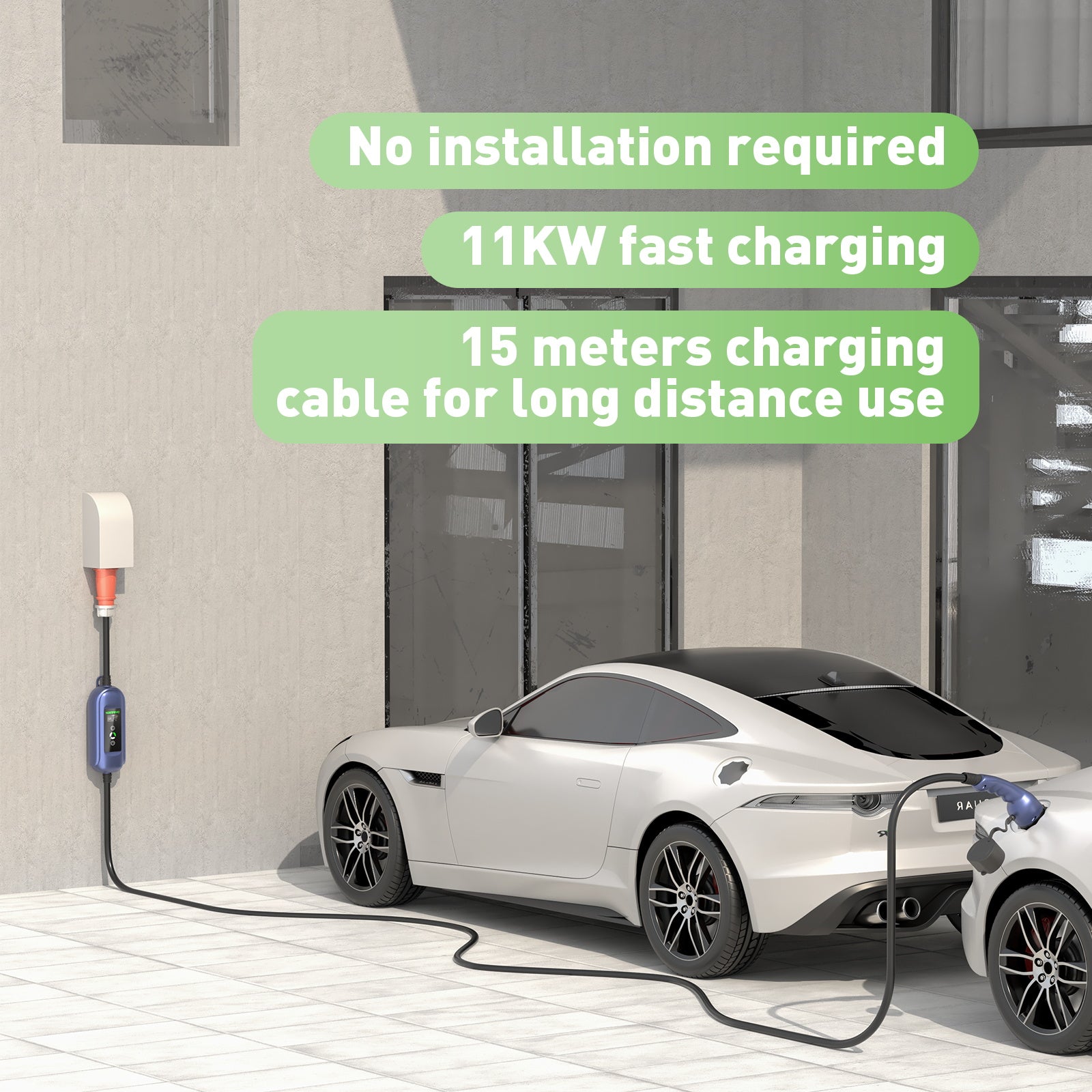 Noeifevo 11KW Mobil EV Wallbox, bilbatterioplader til alle type 2 køretøjer, 5M/10M/15M, CEE16A