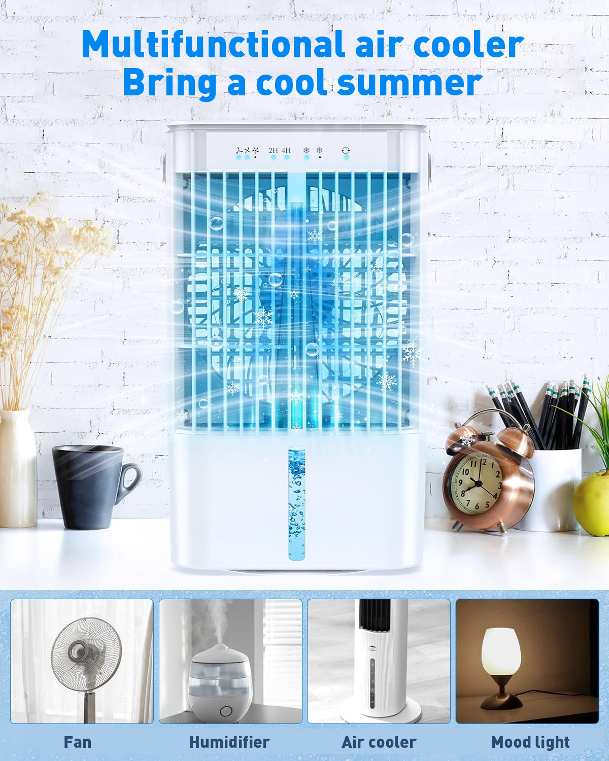 Ar-condicionado móvel 4 em 1, mini resfriador de ar econômico com grande reservatório de água (1200 ml), resfriamento por evaporação em 3 níveis, LED de 7 cores, timer e baixo nível de ruído para home office e quarto