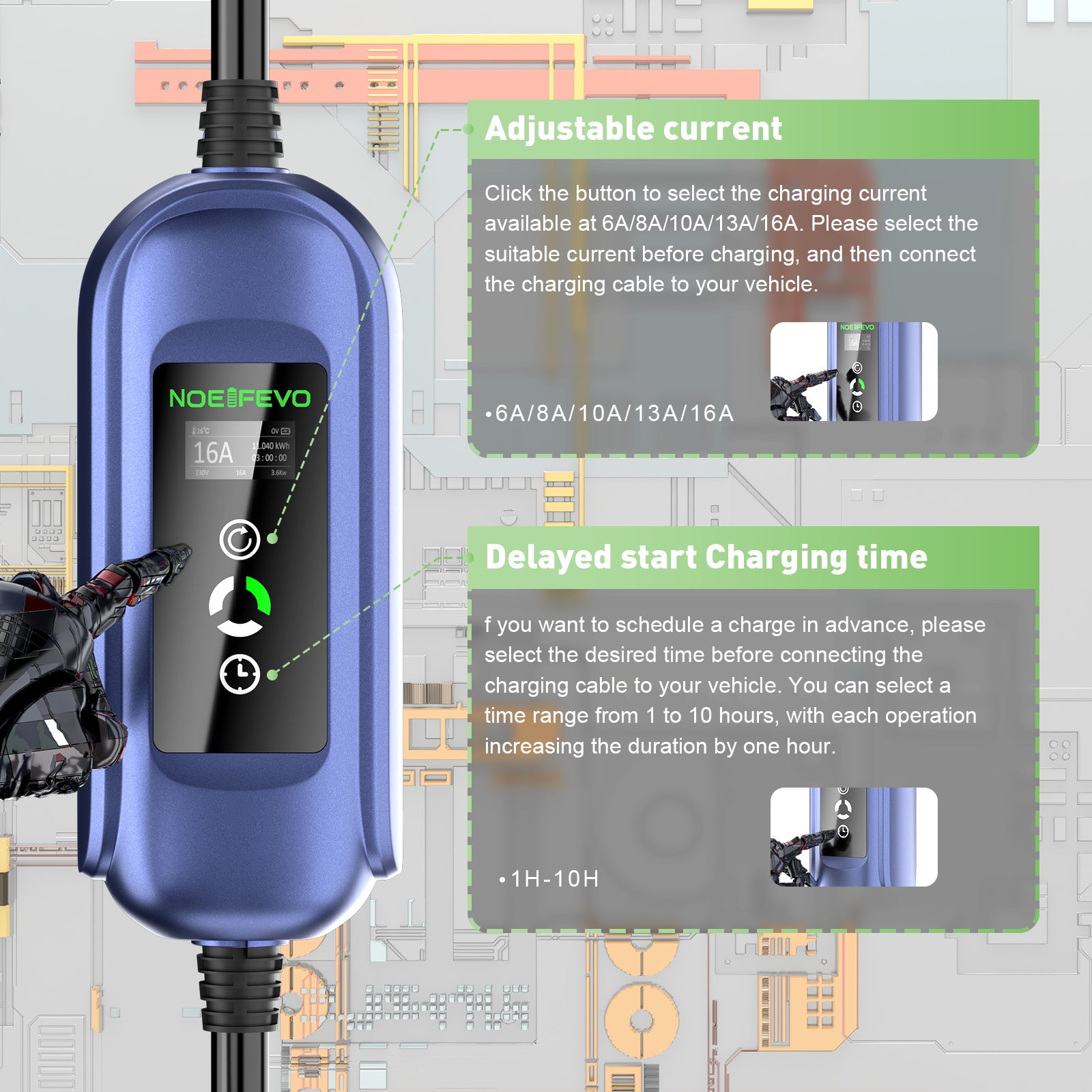 Noeifevo 11KW Mobil EV Wallbox, batteriladdare för alla fordon av typ 2, 5M/10M/15M, CEE16A