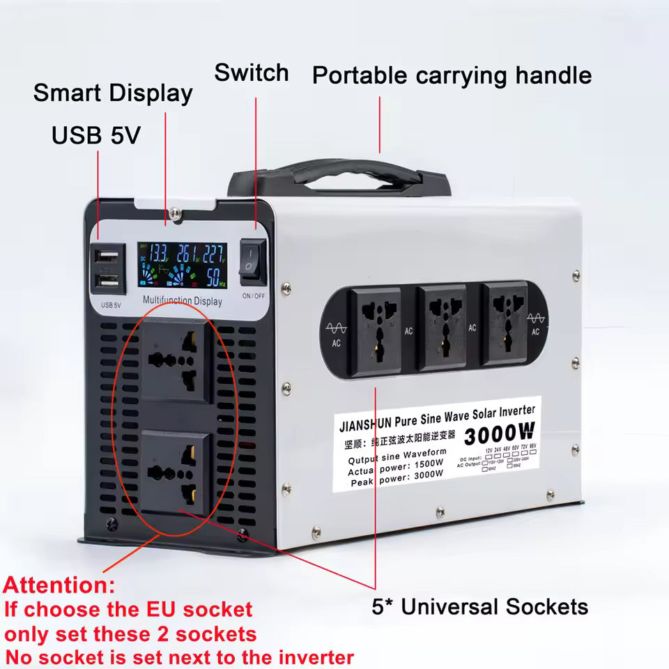 Ren sinusvågsomvandlare 1500W/3000W DC 12V 24V 48V 60V 72V till AC 220V 50Hz, konverterare för sol- och bilbatterier, med LED-display