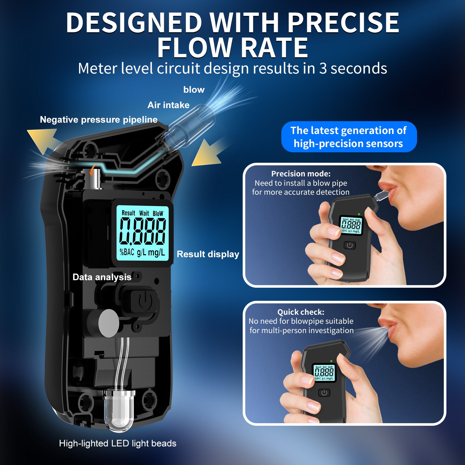 NOEIFEVO MR806 Alkoholtester med högprecisions bränslecellsensor, blodalkoholtester, hopfällbar munstycke, LED-display, mångsidig alkoholdetektor