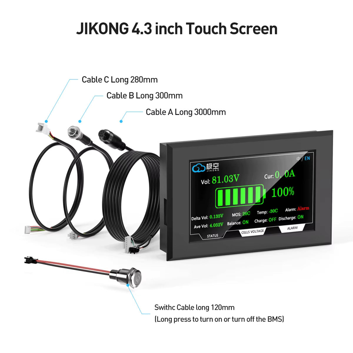 BMS de batería con pantalla de 4,3 pulgadas, BMS activo inteligente 8S–16S 200A 24V–48V Li-Ion/LiFePO4/LTO equilibrador de energía de batería de 2A con Bluetooth, CAN/RS485