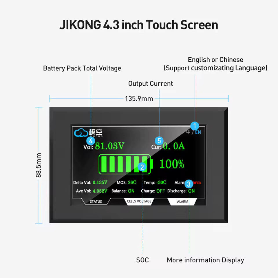 BMS de batería con pantalla de 4,3 pulgadas, BMS activo inteligente 8S–16S 200A 24V–48V Li-Ion/LiFePO4/LTO equilibrador de energía de batería de 2A con Bluetooth, CAN/RS485