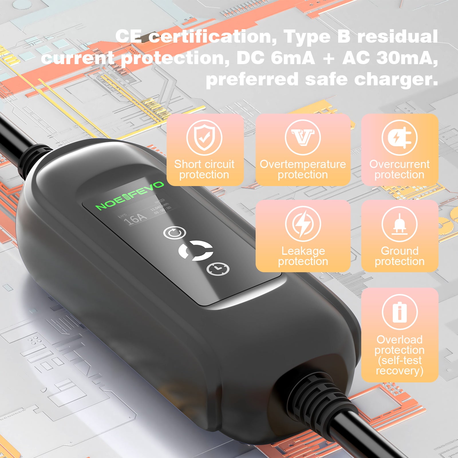 Noeifevo 11KW bilbatteriladdare, typ2 till CEE16A EV-laddare med hushållsadapter, 5m/10/15m