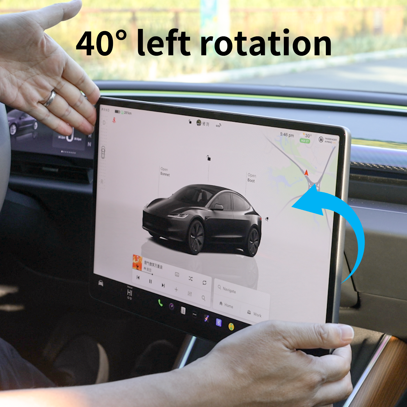 Tesla-näytön pidike 2.0 Model 3/Y:lle – 4-suuntainen kääntyvä (40°), alumiinia CNC, näytön korkeus pysyy muuttumattomana, ei heilumista, häikäisysuoja