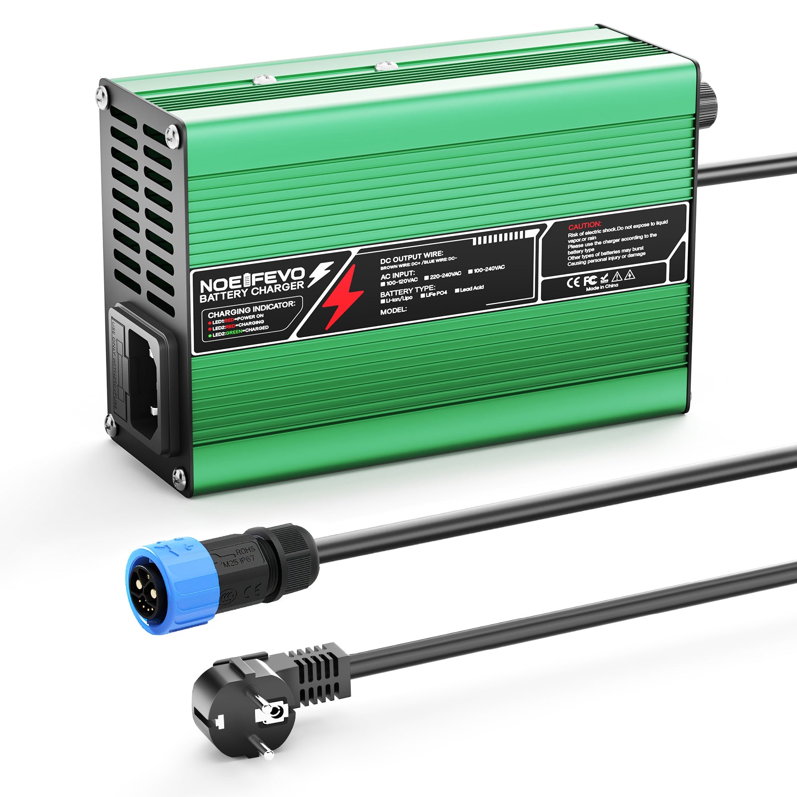 Carregador de Lítio NOEIFEVO 42V  2A 3A 3.5A 4A para baterias Li-Ion Lipo 10S 37V, com ventilador de resfriamento e desligamento automático (VERDE)