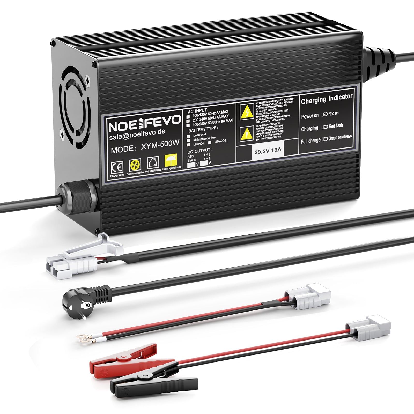 Noeifevo 29,2 V 20A LiFePO4 bateria de Carregador para bateria de lítio 24 V 25,6 V, ativação de 0 V BMS, desligamento automático com proteção total