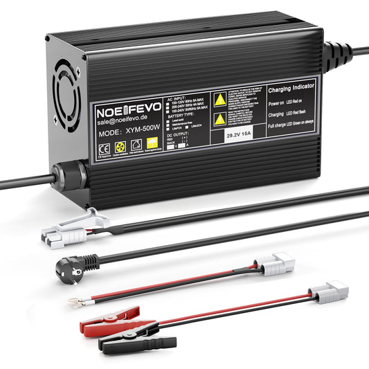 Carregador de bateria LiFePO4 Noeifevo 29,2V 20A para baterias de lítio 24V / 25,6V, com ativação BMS a 0V e desligamento automático com proteção completa.