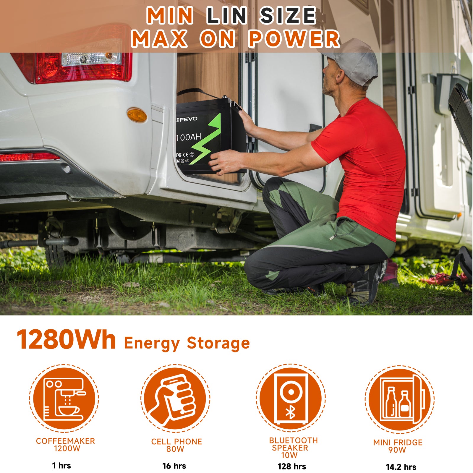 NOEIFEVO 12.8V 100Ah LiFePO4 de lítio Bateria, totalmente carregada em 2 horas com carregador 14.6V 50A, 4000+ ciclos de carga, perfeita como fonte de energia para autocaravana, barco.