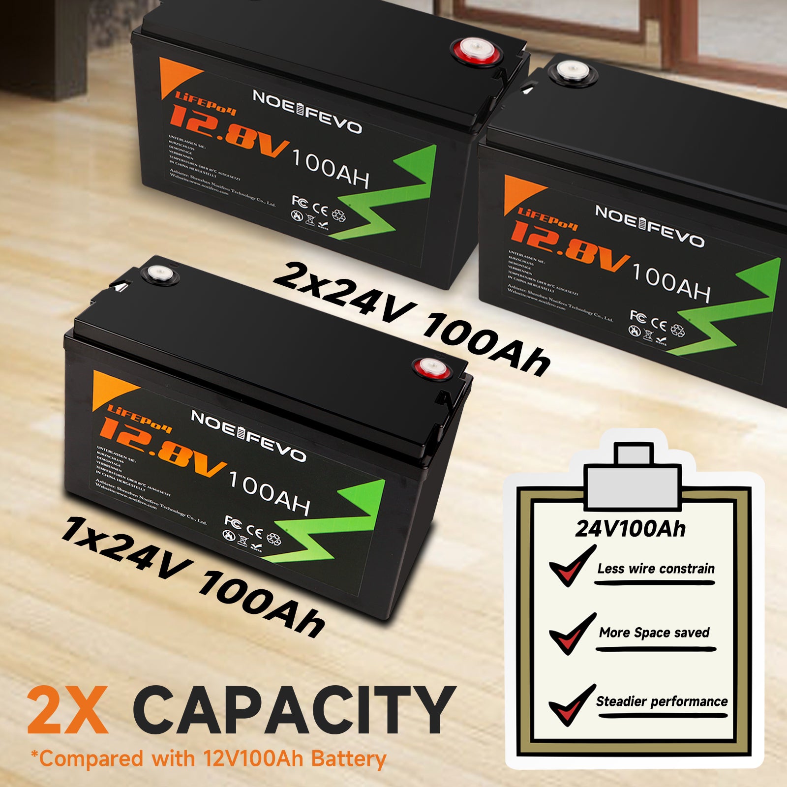 NOEIFEVO Bateria de lítio 12.8V 100Ah LiFePO4, bateria de lítio 1280Wh com 100A BMS, 4000+ ciclos de carga, com carregador 14.6V 20A, perfeita como fonte de energia para autocaravana, barco.