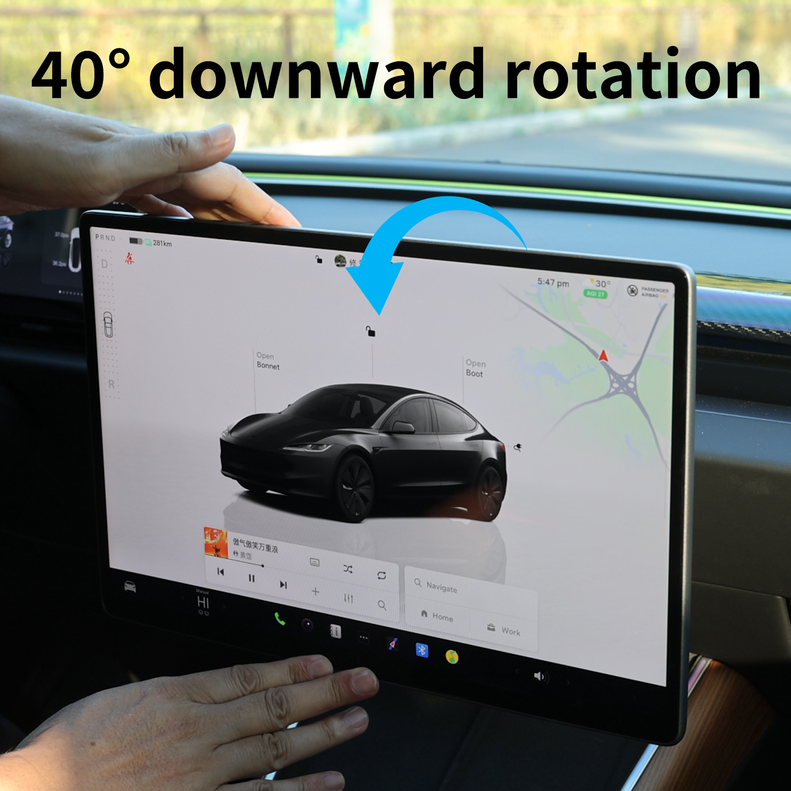 Tesla-näytön pidike 2.0 Model 3/Y:lle – 4-suuntainen kääntyvä (40°), alumiinia CNC, näytön korkeus pysyy muuttumattomana, ei heilumista, häikäisysuoja