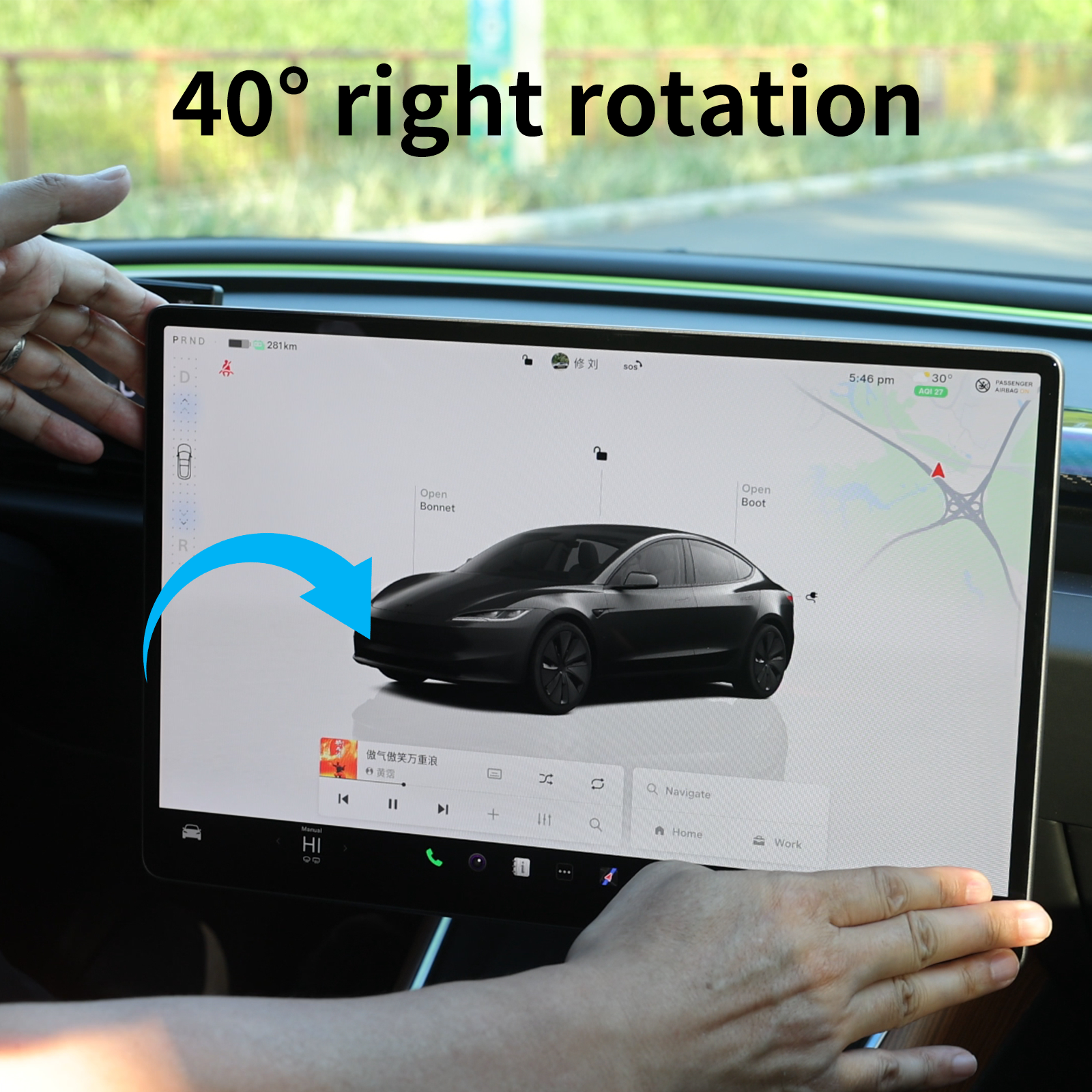 Tesla-näytön pidike 2.0 Model 3/Y:lle – 4-suuntainen kääntyvä (40°), alumiinia CNC, näytön korkeus pysyy muuttumattomana, ei heilumista, häikäisysuoja