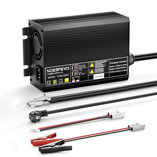 Noeifevo 14,6 V 50A Carregador rápido de bateria de lítio LiFePO4 para bateria LiFePO4 de 12 V (12,8 V), ativação de 0 V BMS, desligamento automático com proteção total