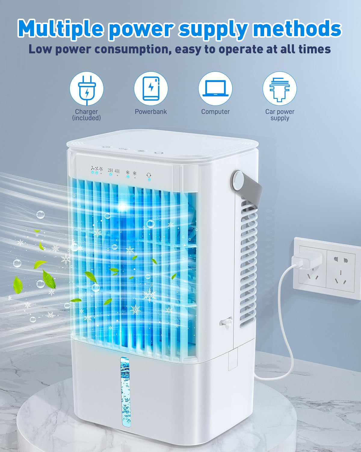 Ar-condicionado móvel 4 em 1, mini resfriador de ar econômico com grande reservatório de água (1200 ml), resfriamento por evaporação em 3 níveis, LED de 7 cores, timer e baixo nível de ruído para home office e quarto