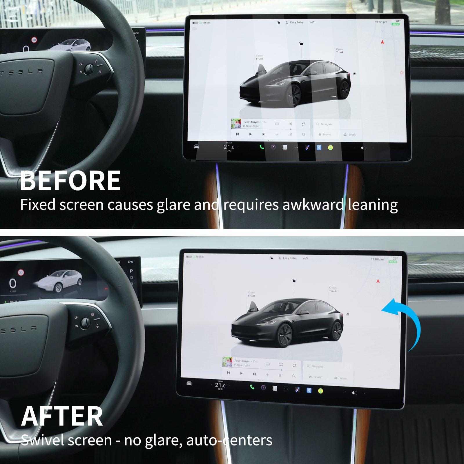 Tesla-näytön pidike 2.0 Model 3/Y:lle – 4-suuntainen kääntyvä (40°), alumiinia CNC, näytön korkeus pysyy muuttumattomana, ei heilumista, häikäisysuoja