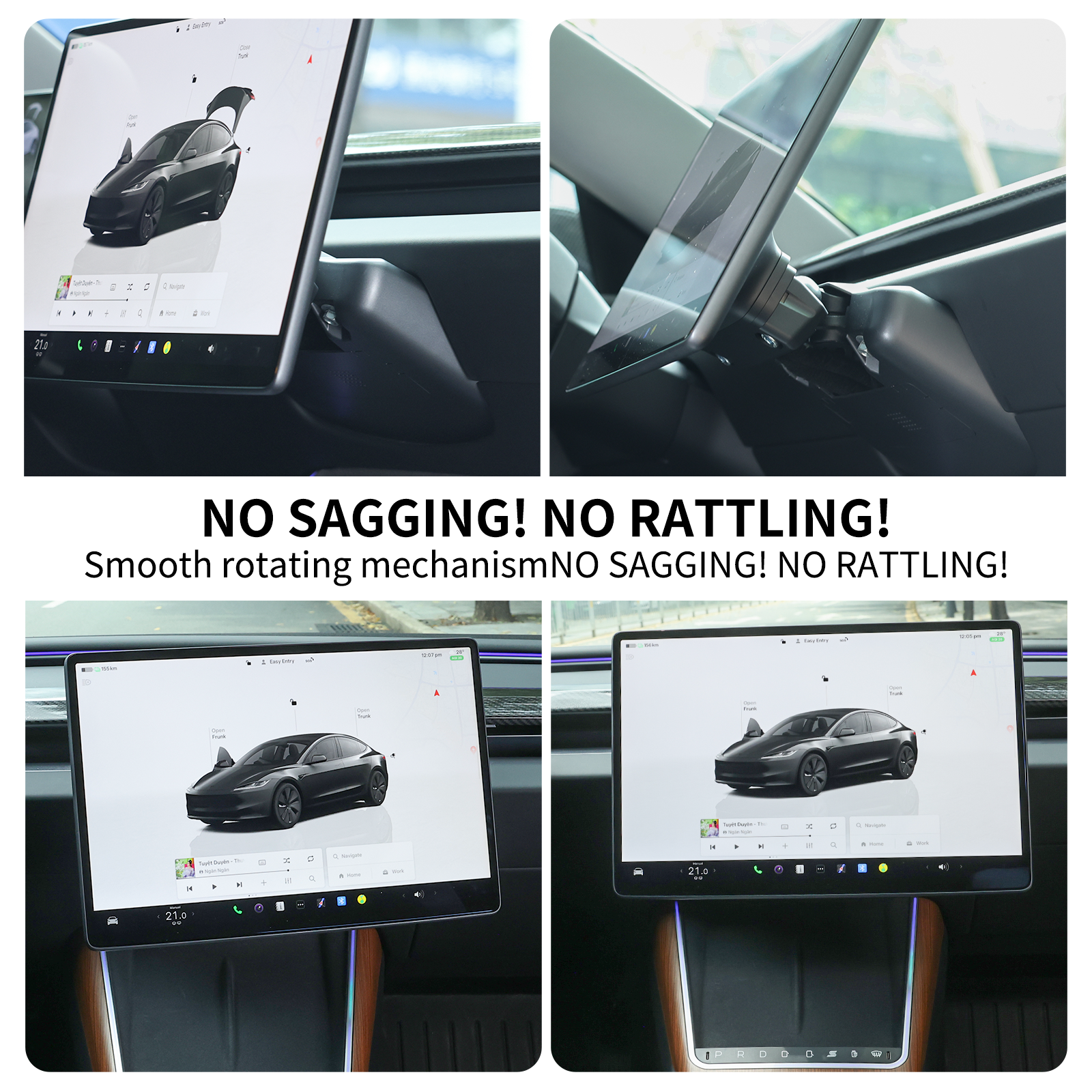 Tesla-näytön pidike 2.0 Model 3/Y:lle – 4-suuntainen kääntyvä (40°), alumiinia CNC, näytön korkeus pysyy muuttumattomana, ei heilumista, häikäisysuoja