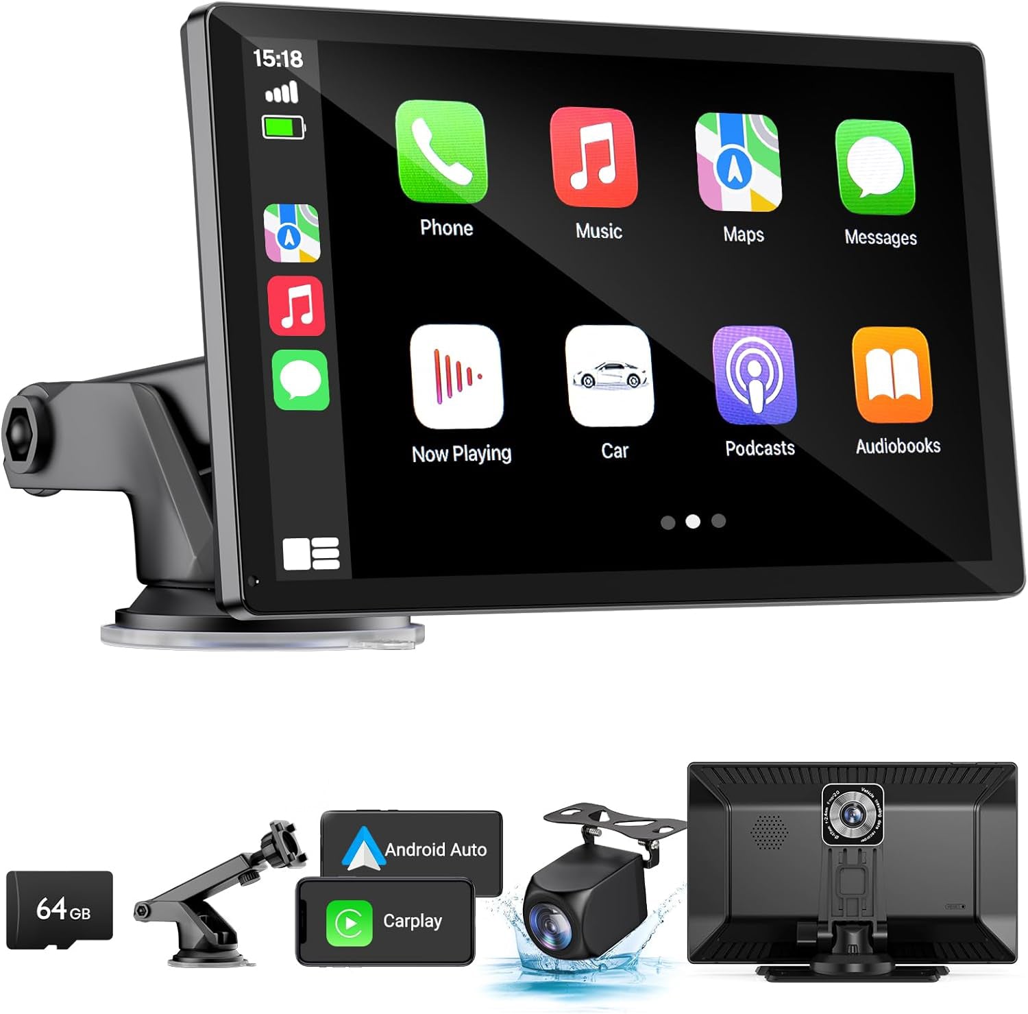 NOEIFEVO Kabelloser Carplay-Bildschirm für Autos mit 4K Dashcam, 9" tragbares Apple Carplay & Android Auto Autoradio, mit 1080p Rückfahrkamera, GPS-Navigation/Mirror Link/Sprachsteuerung/Bluetooth.