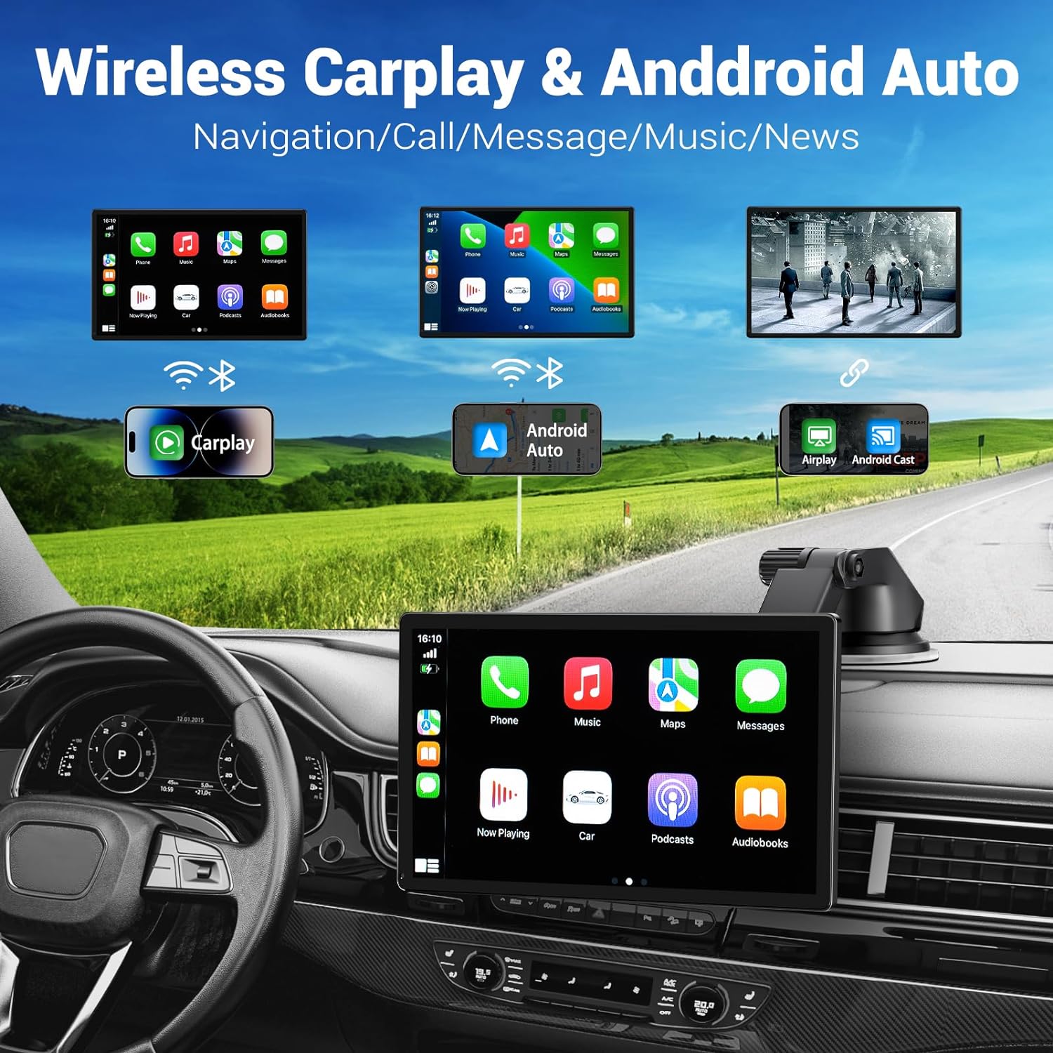 NOEIFEVO Pantalla inalámbrica de Carplay para automóviles con cámara de tablero 4K, radio para automóvil portátil de 9" con Apple Carplay y Android Auto, con cámara de reversa 1080p, navegación GPS/Mirror Link/control por voz/Bluetooth.