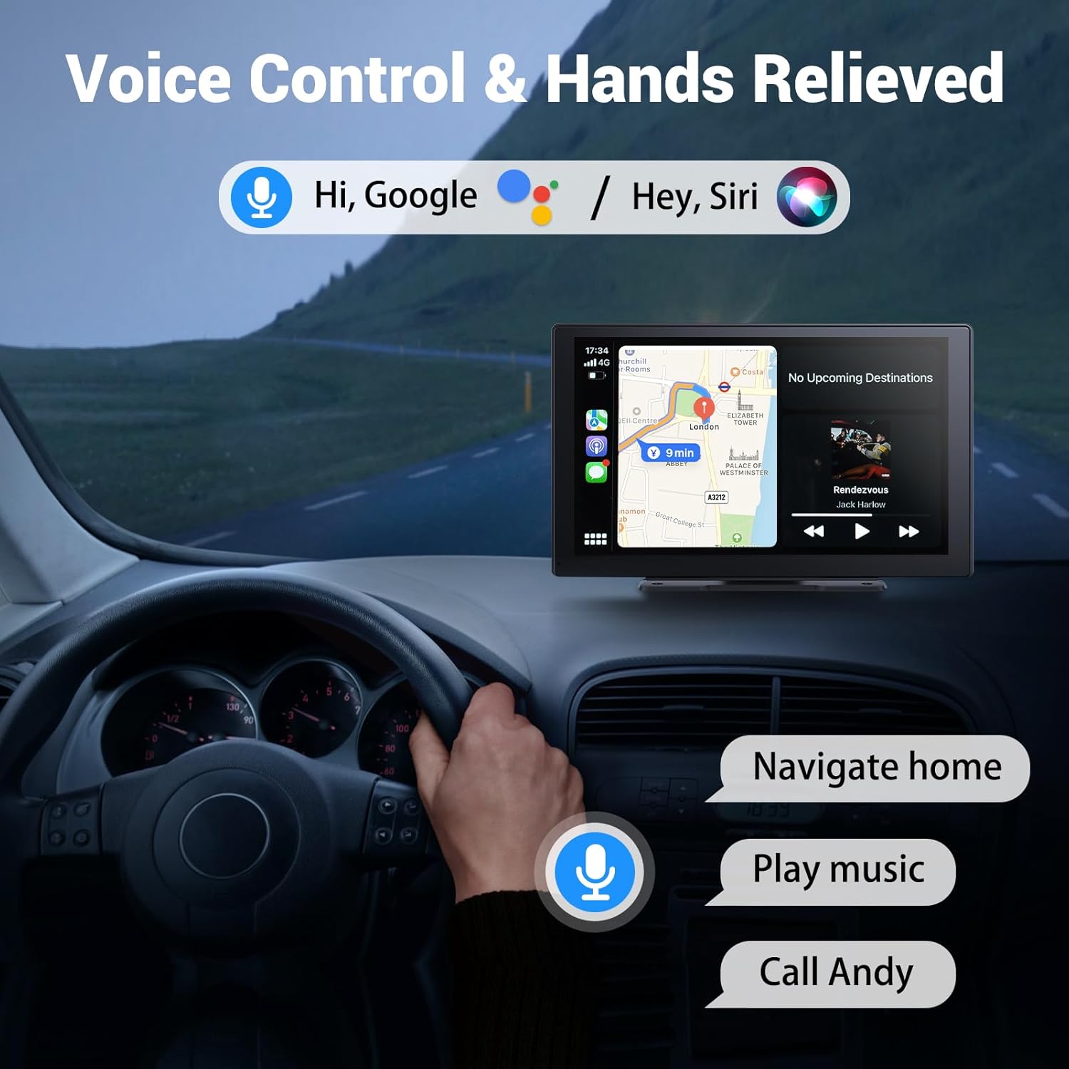 NOEIFEVO Pantalla inalámbrica de Carplay para automóviles con cámara de tablero 4K, radio para automóvil portátil de 9" con Apple Carplay y Android Auto, con cámara de reversa 1080p, navegación GPS/Mirror Link/control por voz/Bluetooth.