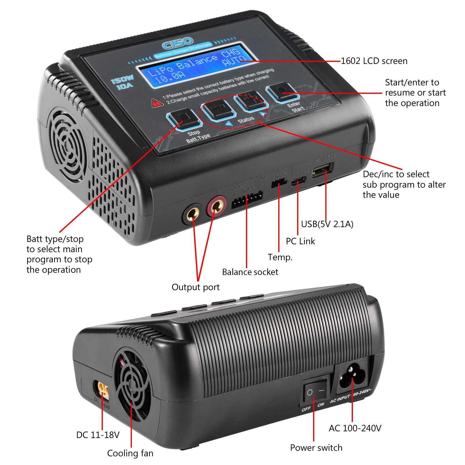 NOEIFEVO C150 AC/DC 150W 10A RC Tasapainolataaja ja Purkulaite LiPo LiHV LiFe LiIon NiCd NiMh Pb Akuille