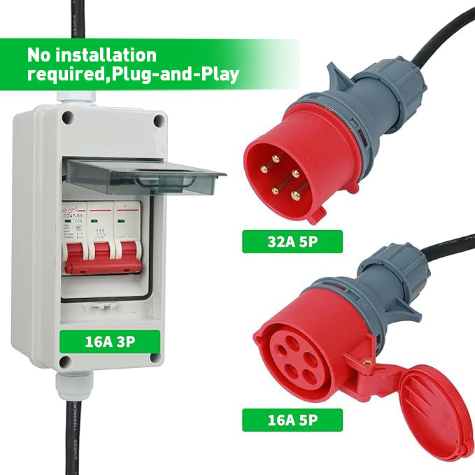 NOEIFEVO CEE-Adapter 32A-Stecker auf 16A-Kupplung mit Schutzschalter, 3-Phasen, 400V 5-polig, 32A auf 16A Stromadapter mit Schutz für EV-Ladegeräte, Industrie-Stromadapter