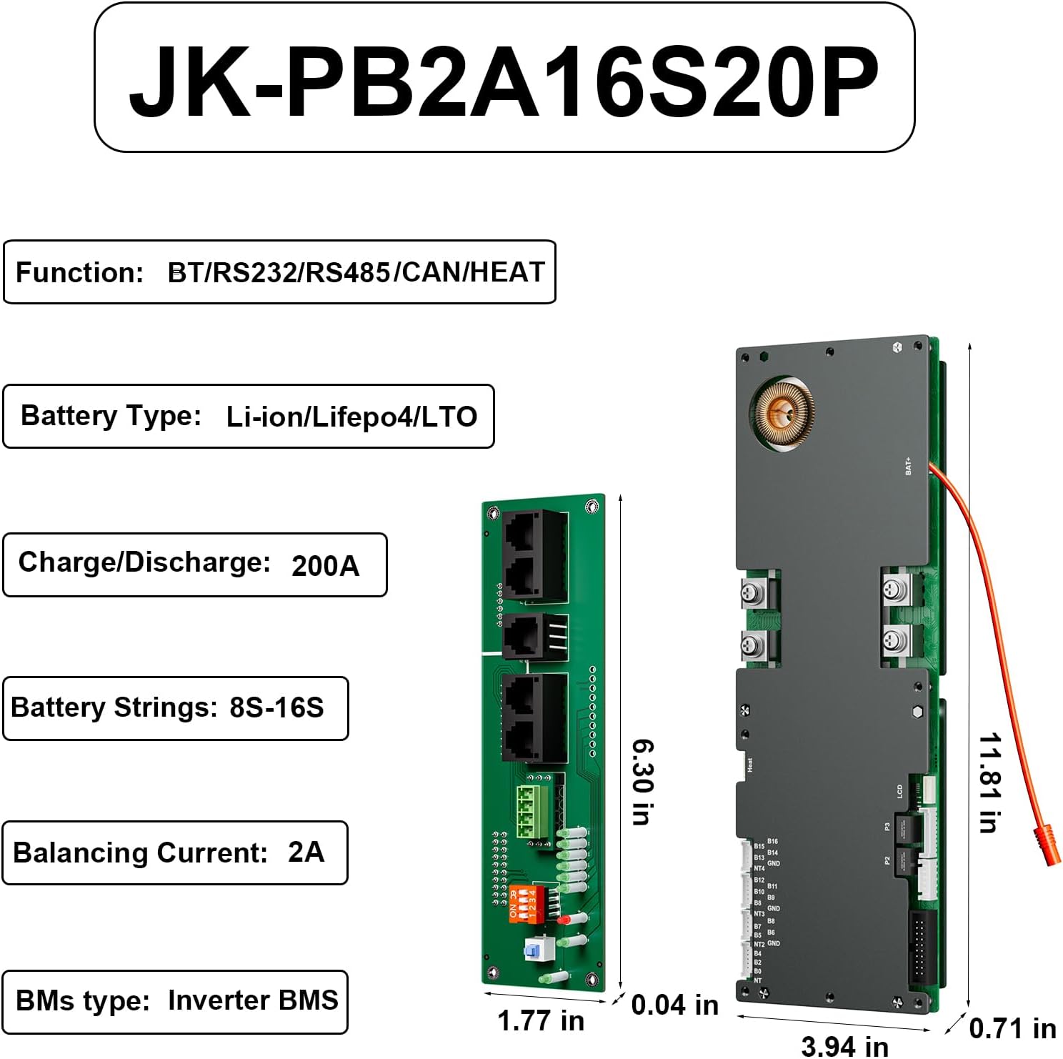 BMS 8S–16S 24V–48V 200A para almacenamiento de energía en el hogar con balance activo de 2A, Bluetooth integrado y comunicación RS485/CAN para sistemas solares
