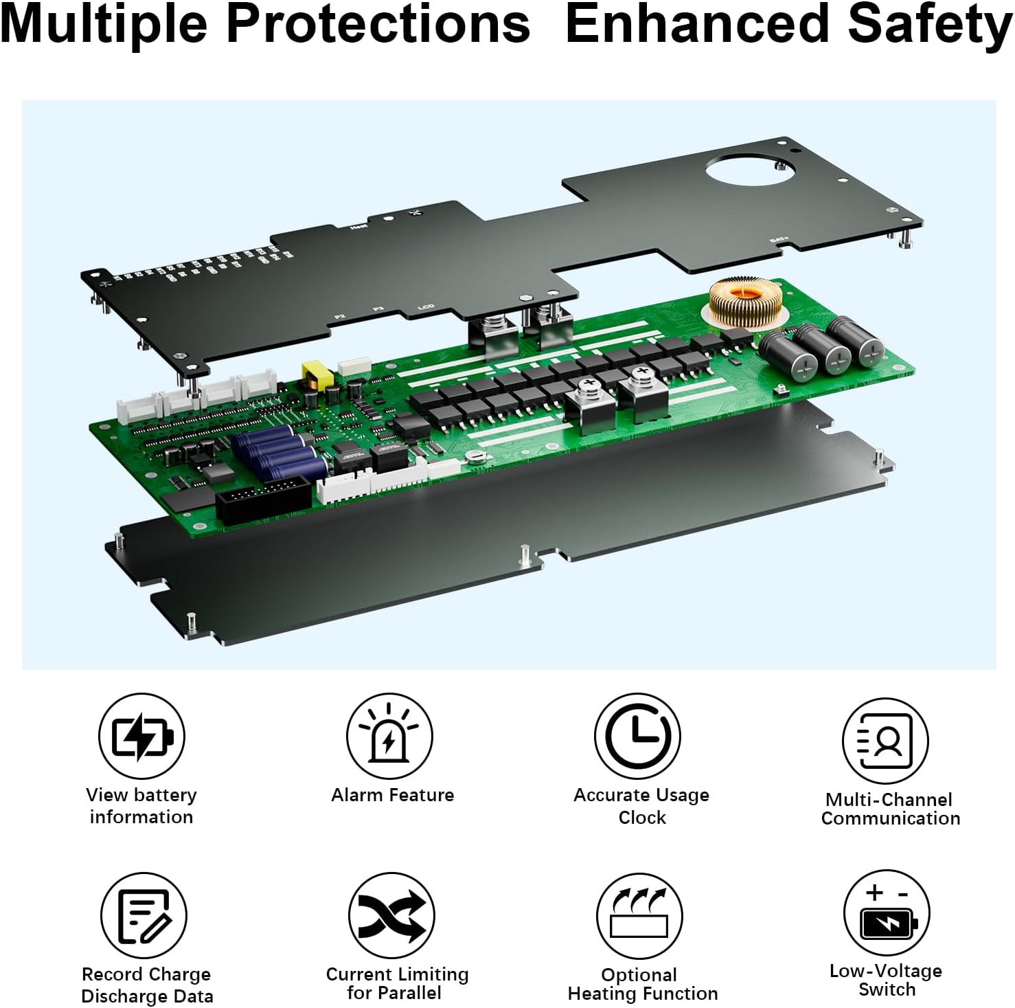 BMS 8S–16S 24V–48V 200A para almacenamiento de energía en el hogar con balance activo de 2A, Bluetooth integrado y comunicación RS485/CAN para sistemas solares