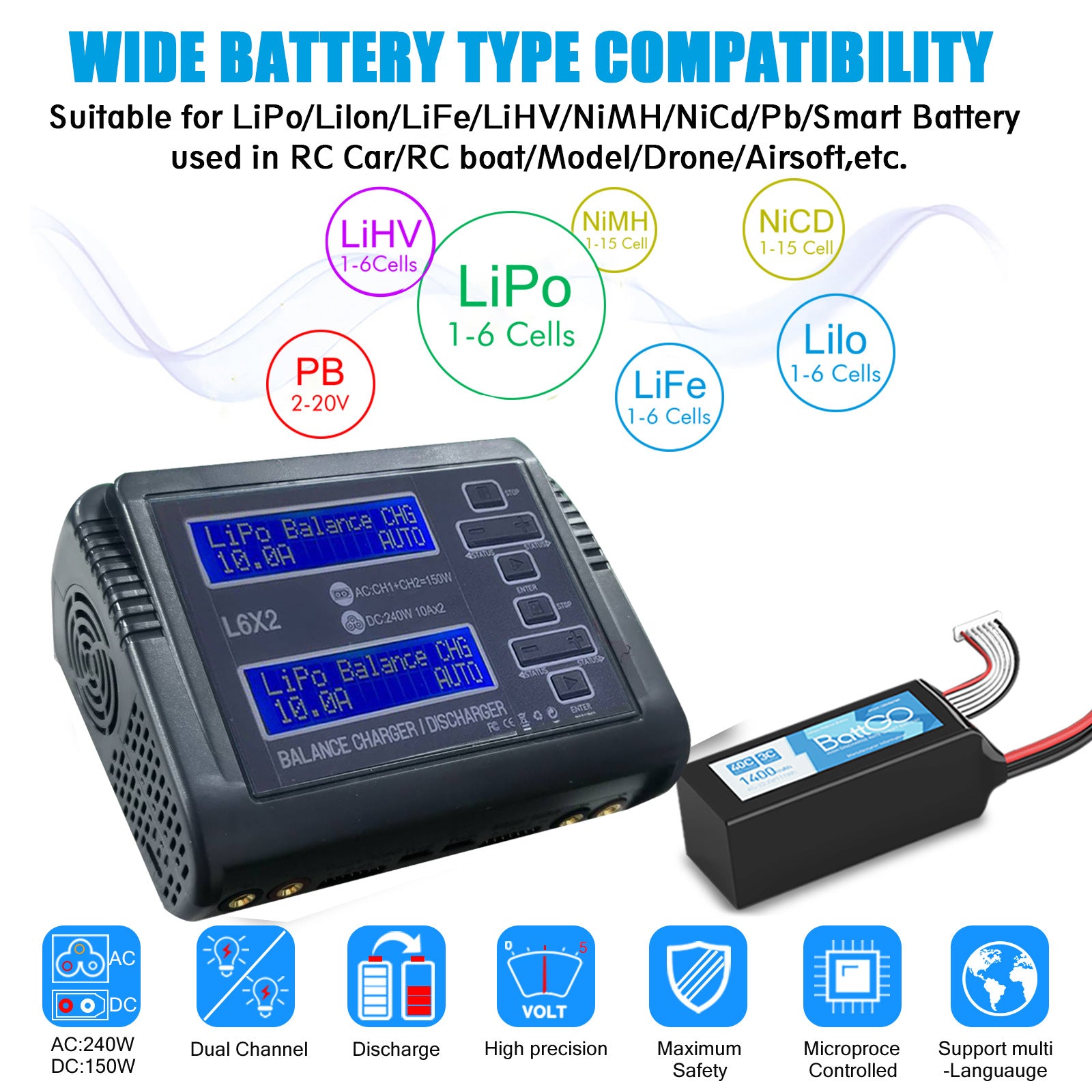 NOEIFEVO L6X2 Kaksikanavainen Älykäs Tasapainotusbattery Laturi Purkaja RC-akuille NiMH, NiCd, LiHV, Li-ion, Lipo, PB