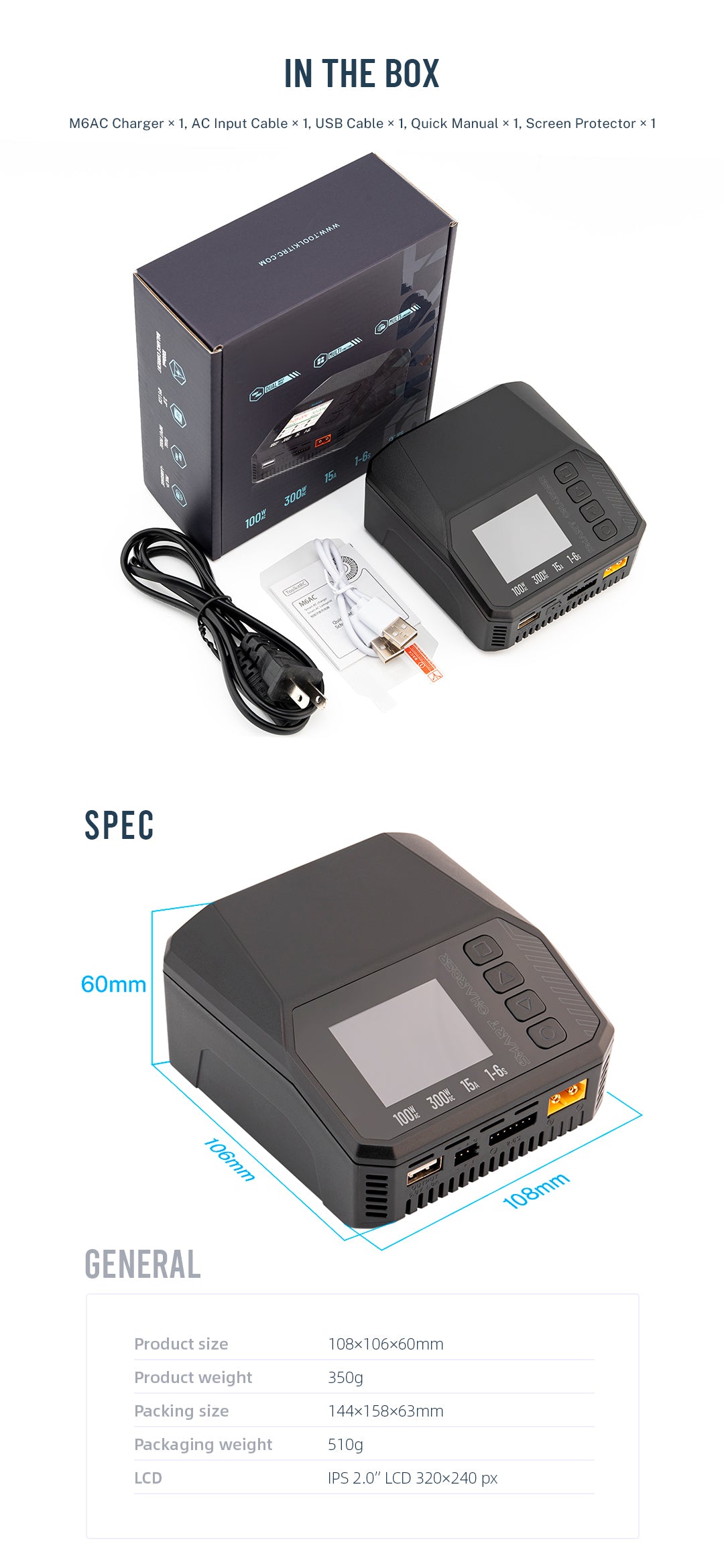 M6AC Dual-Channel Smart Laddare, 100W AC/300W DC, 15A Balansladdare för LiPo, LiHV, LiFe, Lion, NiMh, Pb-batterier, med 2,0'' IPS-LCD-display