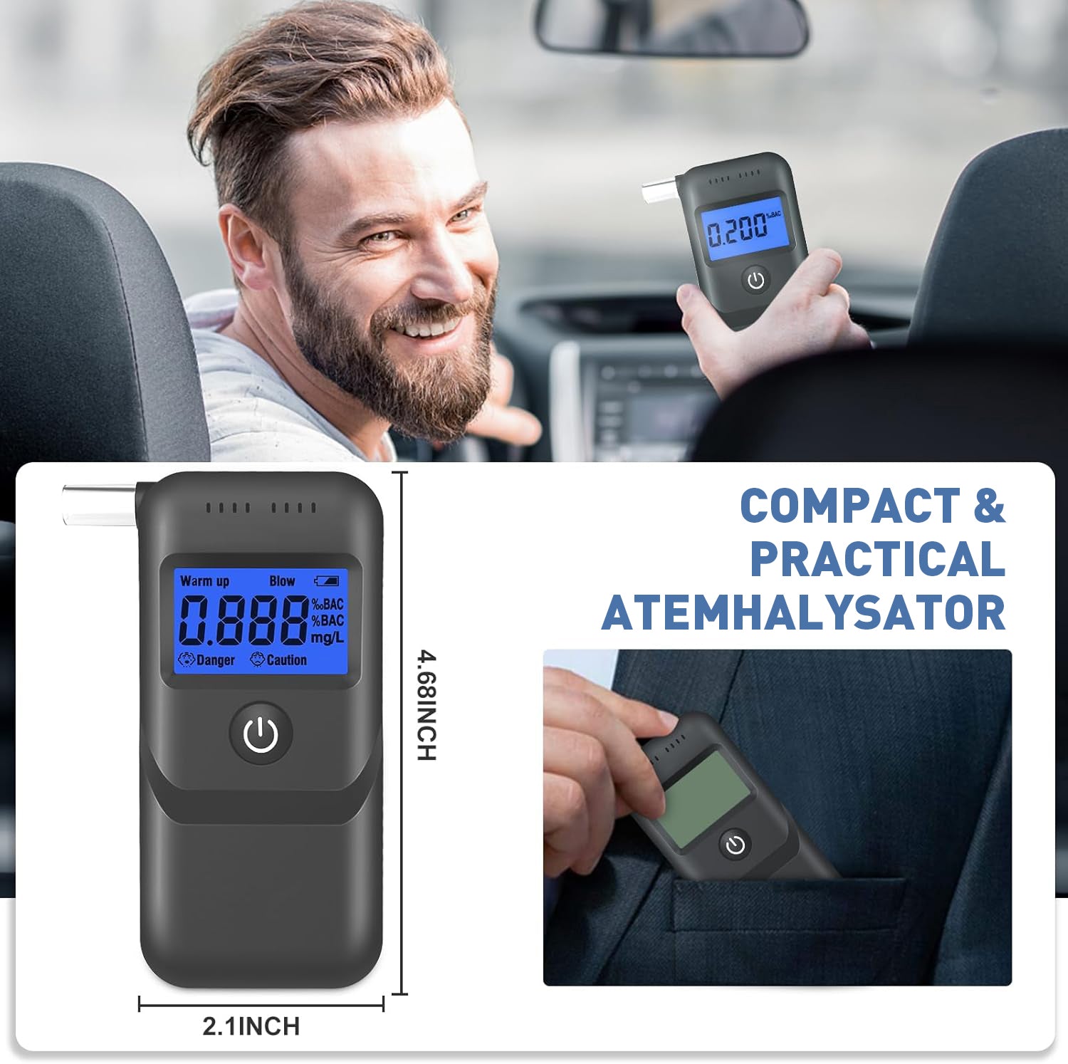 NOEIFEVO Tester Alcol, Etilometro Professionale con Display LCD Blu Digitale, Tester Alcolico a Soffio ad Alta Precisione per Uso Personale e Professionale a Casa.