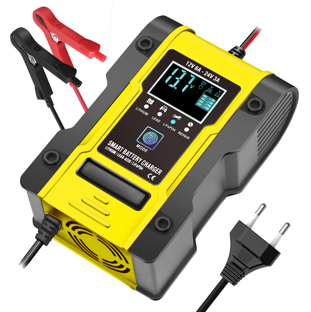 Carregador de bateria para carro e moto 12V 6A / 24V 3A, carregador inteligente multifuncional de reparação com detecção de temperatura para baterias de chumbo-ácido, AGM, gel, ciclo profundo, lítio e LiFePO4