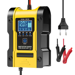 Carregador de bateria para carro e moto 12V 6A / 24V 3A, carregador inteligente multifuncional de reparação com detecção de temperatura para baterias de chumbo-ácido, AGM, gel, ciclo profundo, lítio e LiFePO4
