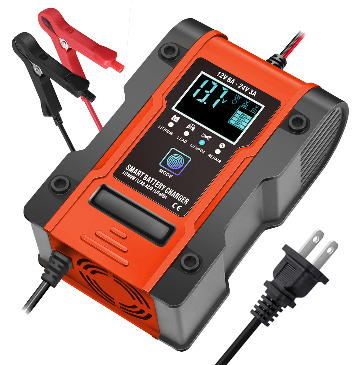 Carregador de bateria para carro e moto 12V 6A / 24V 3A, carregador inteligente multifuncional de reparação com detecção de temperatura para baterias de chumbo-ácido, AGM, gel, ciclo profundo, lítio e LiFePO4