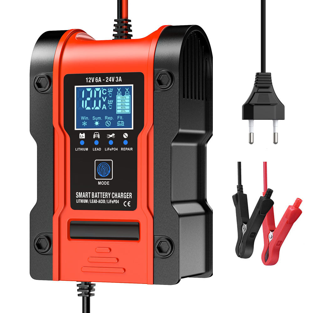 Carregador de bateria para carro e moto 12V 6A / 24V 3A, carregador inteligente multifuncional de reparação com detecção de temperatura para baterias de chumbo-ácido, AGM, gel, ciclo profundo, lítio e LiFePO4