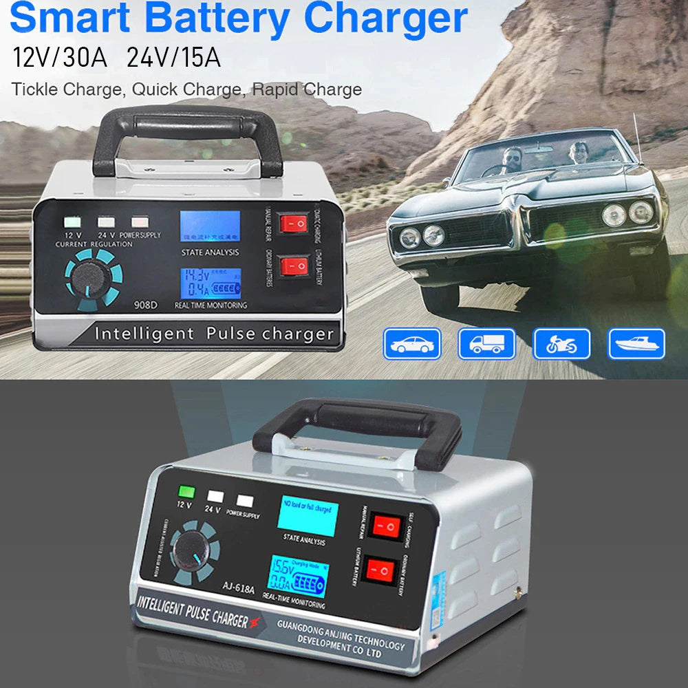 Smart batteriladdare 12V 30A / 24V 15A, bilbatteriladdare med underhållsfunktion och smart pulserande reparation för bil, lastbil, båt och motorcykel